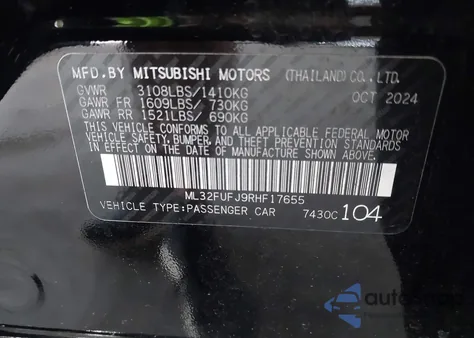 2024 Mitsubishi Mirage Black Edition/Es/Le z USA, uszkodzony, nr VIN ML32FUFJ9RHF17655